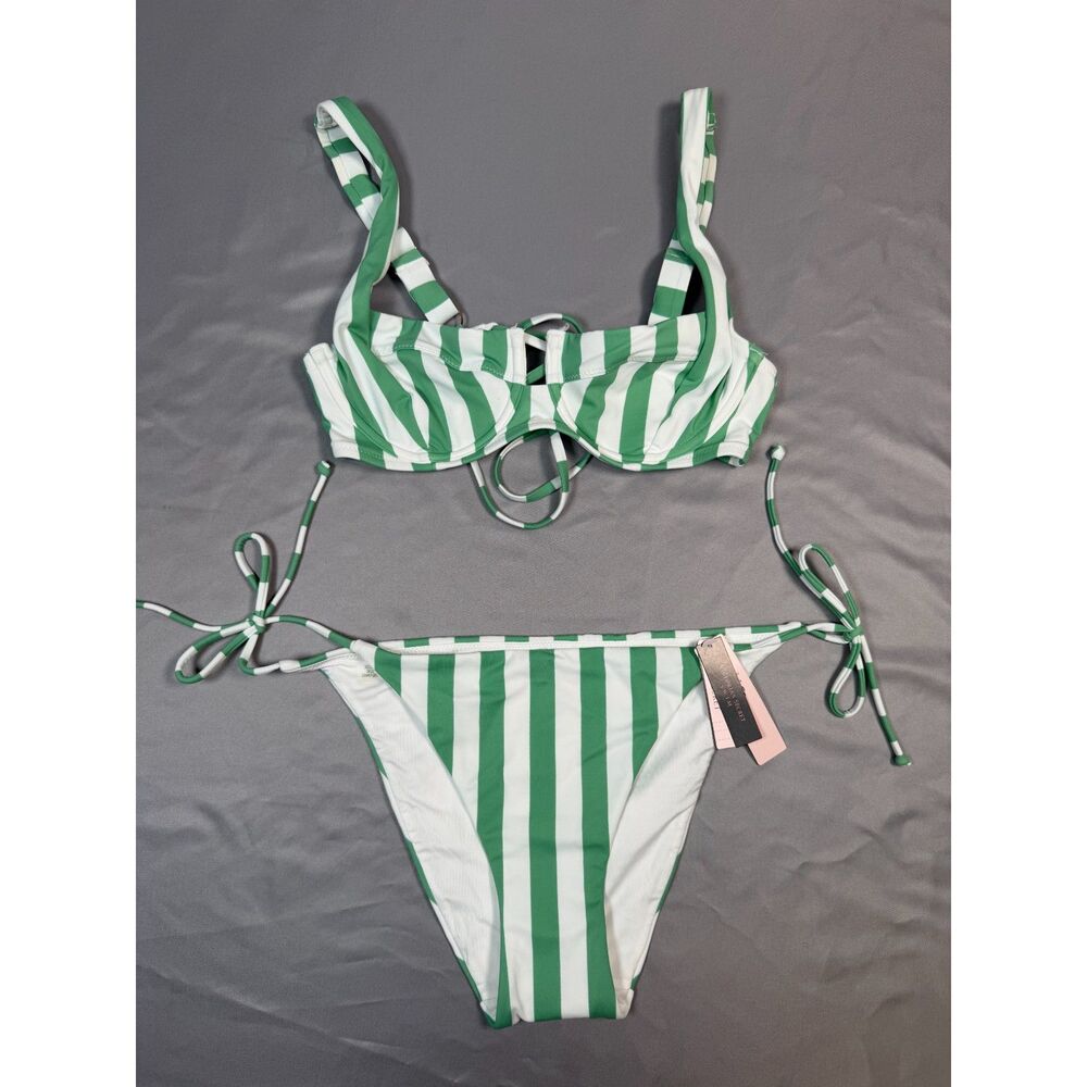 Victorias Secret Green Striped Bikini Set 34C M Underwire Top NWT Bottoms